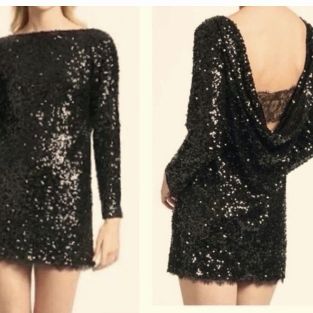 Sachin + Babi Cameron Mini Dress Size 4 Black Sequin‎ Long Sleeve Lace Small